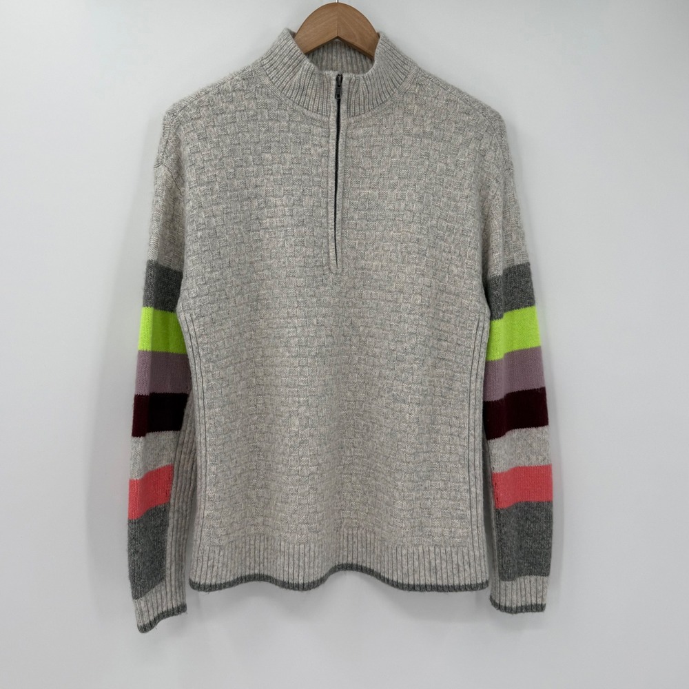 Cabi Downhill Sweater Women Medium Gray 1/4 Zip Stripe Sleeve Knit‎ Cozy 4815
